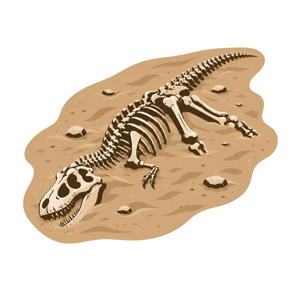 A theropod dinosaur fossil half-buried in desert sand — the defossilize project mark